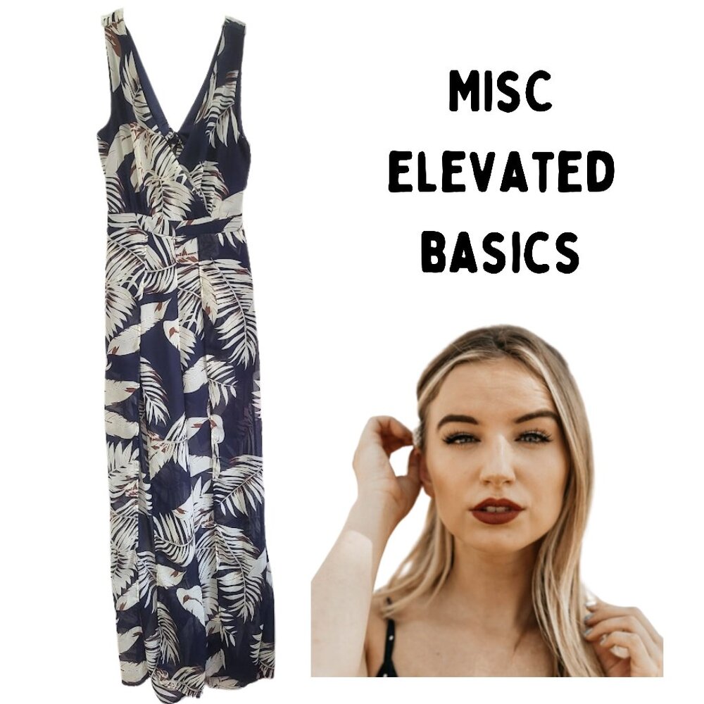 MiSC Elevated Basics Navy Blue & Cream Printed Halter Maxi Romper - Women's S